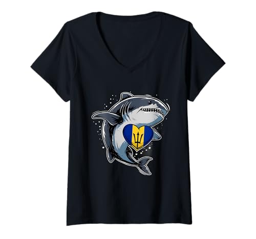Damen Barbados Flagge Dreizack Herz Hai Bajan Wurzeln Bajan Pride T-Shirt mit V-Ausschnitt Damen Barbados Flagge Dreizack Herz Hai Bajan Wurzeln Bajan Pride T-Shirt mit V-Ausschnitt von Cool Bajan Roots Barbados