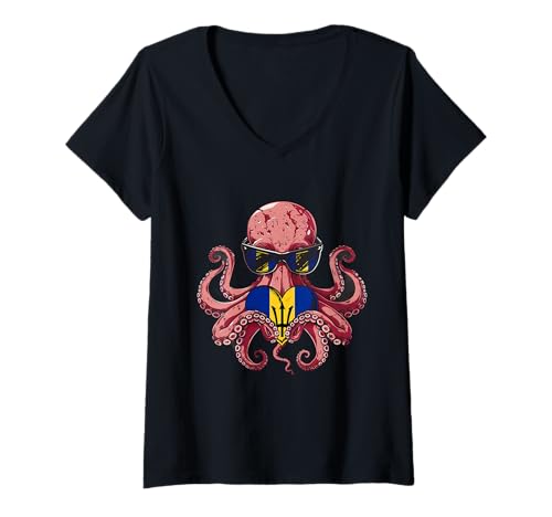 Damen Barbados Flagge Oktopus Herz Bajan Pride Bajan Roots Dreizack T-Shirt mit V-Ausschnitt Damen Barbados Flagge Oktopus Herz Bajan Pride Bajan Roots Dreizack T-Shirt mit V-Ausschnitt von Cool Bajan Roots Barbados