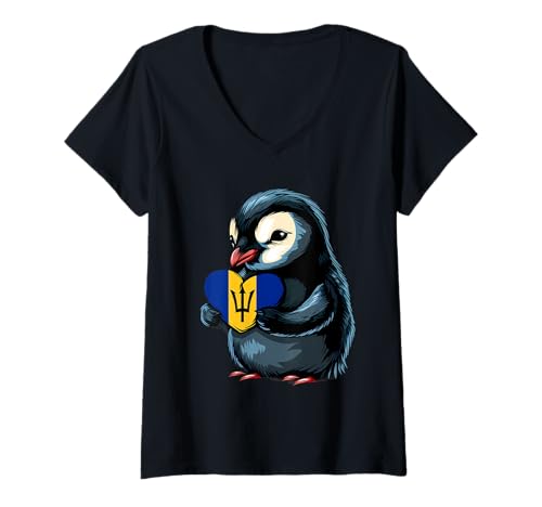 Damen Barbados Pinguin Herz Bajan Roots Bajan Pride Dreizack T-Shirt mit V-Ausschnitt von Cool Bajan Roots Barbados