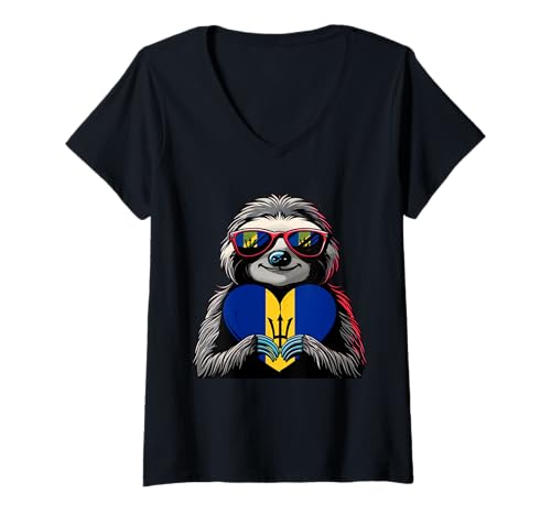 Damen Trident Barbados Faultier Bajan Roots Bajan Pride Herz T-Shirt mit V-Ausschnitt Damen Trident Barbados Faultier Bajan Roots Bajan Pride Herz T-Shirt mit V-Ausschnitt von Cool Bajan Roots Barbados