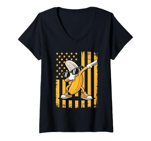 Damen Dabbing Banana Sunglasses Distressed USA Flag Meme Humor T-Shirt mit V-Ausschnitt Damen Dabbing Banana Sunglasses Distressed USA Flag Meme Humor T-Shirt mit V-Ausschnitt von Cool Banana Cartoon Vertical American Flag Dab Art