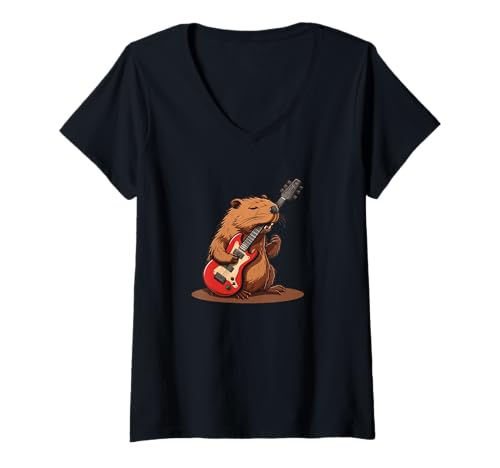 Damen Lustiger Biber nagt an E-Gitarrenkostüm T-Shirt mit V-Ausschnitt Damen Lustiger Biber nagt an E-Gitarrenkostüm T-Shirt mit V-Ausschnitt von Cool Beaver Guitarists