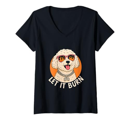 Damen Lustiger Bichon Frisé Let It Burn Cool Dog T-Shirt mit V-Ausschnitt von Cool Bichon Gifts