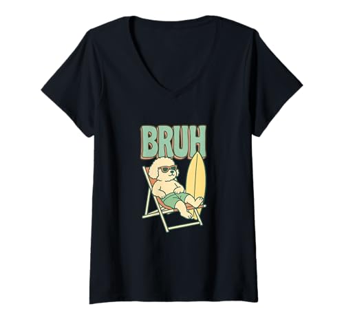 Damen Bruh Bichon Surfing Lustiger Hund T-Shirt mit V-Ausschnitt von Cool Bichon Surfing Dog Tees