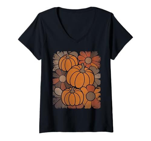 Damen Vintage Boho Herbst Floral Kürbis Herbst T-Shirt mit V-Ausschnitt Damen Vintage Boho Herbst Floral Kürbis Herbst T-Shirt mit V-Ausschnitt von Cool Boho Fall Floral Pumpkin Autumn