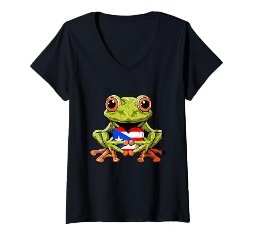 Damen Puerto Rico Puerto Rican Pride Frog Toad Flagge von Puerto Rico T-Shirt mit V-Ausschnitt von Cool Boricua Roots Puerto Rico