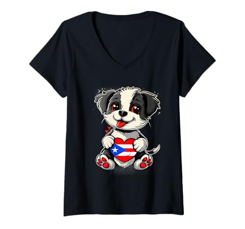 Damen Süßer Hund Puerto Rico Heart, Puertorican Roots Boricua T-Shirt mit V-Ausschnitt von Cool Boricua Roots Puerto Rico