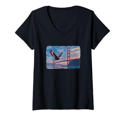 Damen Lustiger Adler mit USA Bridge Kostüm für Mann und Frau T-Shirt mit V-Ausschnitt Damen Lustiger Adler mit USA Bridge Kostüm für Mann und Frau T-Shirt mit V-Ausschnitt von Cool Bridge with Eagle Outfit