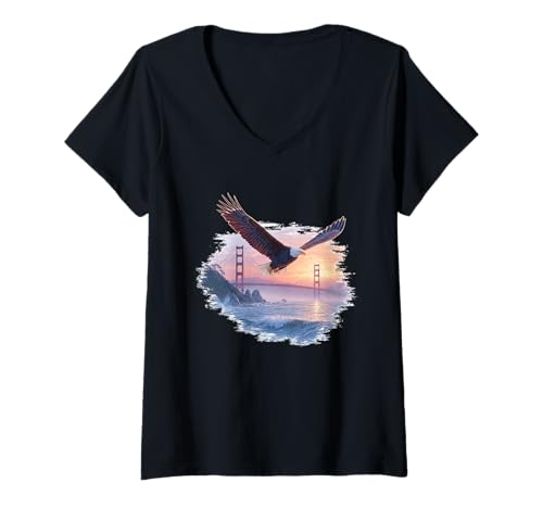 Damen Nettes Sonnenuntergang Brücke Kostüm mit USA Adler für Mann und Frau T-Shirt mit V-Ausschnitt Damen Nettes Sonnenuntergang Brücke Kostüm mit USA Adler für Mann und Frau T-Shirt mit V-Ausschnitt von Cool Bridge with Eagle Outfit