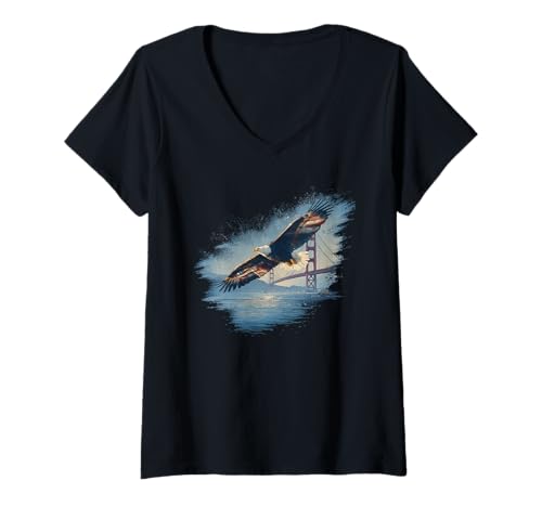 Damen Schönes symbolisches Adler mit goldenem Gate Bridge Kostüm T-Shirt mit V-Ausschnitt Damen Schönes symbolisches Adler mit goldenem Gate Bridge Kostüm T-Shirt mit V-Ausschnitt von Cool Bridge with Eagle Outfit
