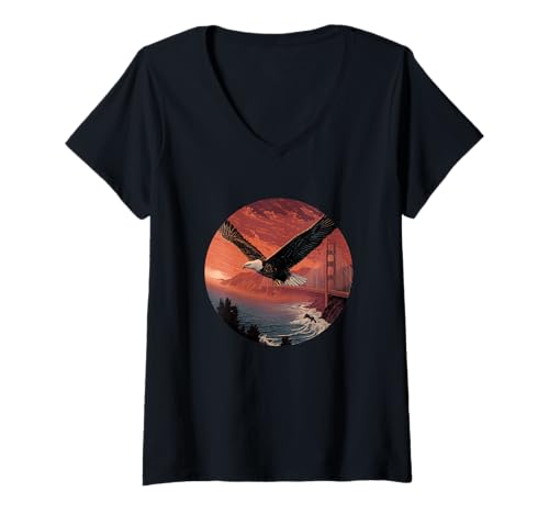 Damen Sunrise Adler mit schöner USA Bridge View Kostüm T-Shirt mit V-Ausschnitt Damen Sunrise Adler mit schöner USA Bridge View Kostüm T-Shirt mit V-Ausschnitt von Cool Bridge with Eagle Outfit