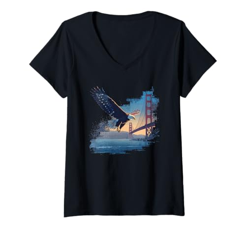 Damen Tolle Golden Gate Bridge mit erstaunlichem Adler-Kostüm T-Shirt mit V-Ausschnitt von Cool Bridge with Eagle Outfit