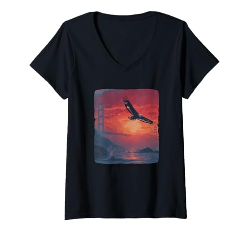 Damen Tolles rotes Sonnenuntergang mit Brücke und patriotischem Adler-Kostüm T-Shirt mit V-Ausschnitt Damen Tolles rotes Sonnenuntergang mit Brücke und patriotischem Adler-Kostüm T-Shirt mit V-Ausschnitt von Cool Bridge with Eagle Outfit