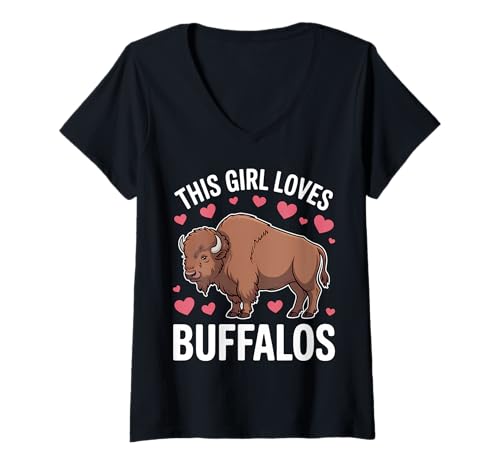 Damen Dieses Mädchen liebt Büffel T-Shirt mit V-Ausschnitt von Cool Buffalo Fun Buffalos Designs