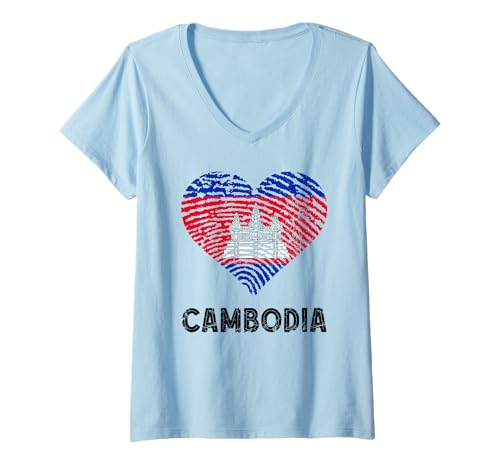 Damen Kambodscha-Flagge Herz Kambodschanische Wurzeln Kambodschanischer Stolz T-Shirt mit V-Ausschnitt von Cool Cambodian Roots Cambodia