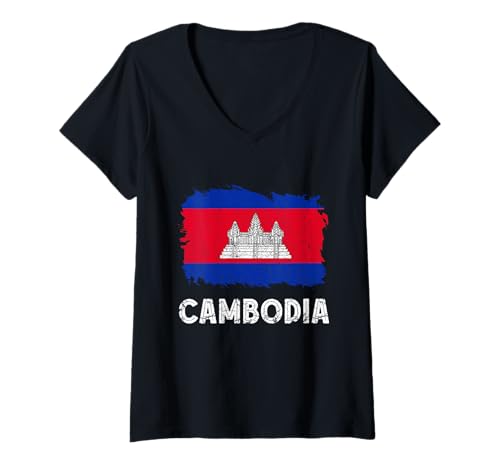Damen Kambodscha Kambodschanische Wurzeln Kambodschanischer Stolz Kambodschanische Flagge T-Shirt mit V-Ausschnitt von Cool Cambodian Roots Cambodia