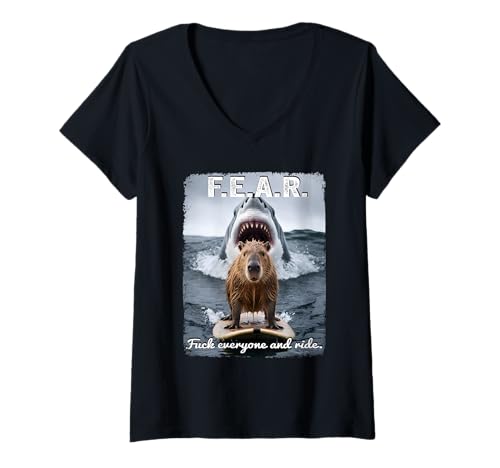 Damen Lustiger Surfer Capybara Shark Selfie T-Shirt mit V-Ausschnitt Damen Lustiger Surfer Capybara Shark Selfie T-Shirt mit V-Ausschnitt von Cool Capybara Selfie Humor Animal Lover Gift Idea