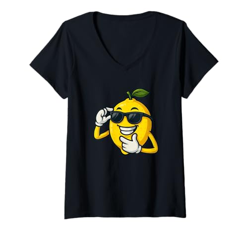 Damen Lustiger Charakter mit Zitronenmotiv T-Shirt mit V-Ausschnitt von Cool Cartoon Lemon Fruit with Sunglasses