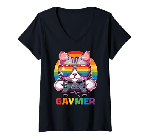 Damen Lustiger Gaymer Cat Gamer LGBTQ Pride Rainbow Videospielliebhaber T-Shirt mit V-Ausschnitt Damen Lustiger Gaymer Cat Gamer LGBTQ Pride Rainbow Videospielliebhaber T-Shirt mit V-Ausschnitt von Cool Cat Gaymer Gamer LGBTQ Rainbow Pride Month