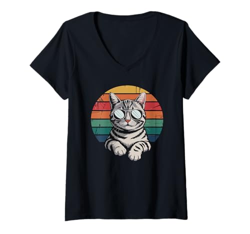 Damen Katze Retro Stil Vintage Schwarz Kitty Katze T-Shirt mit V-Ausschnitt von Cool Cat Lovers, Distressed Cat