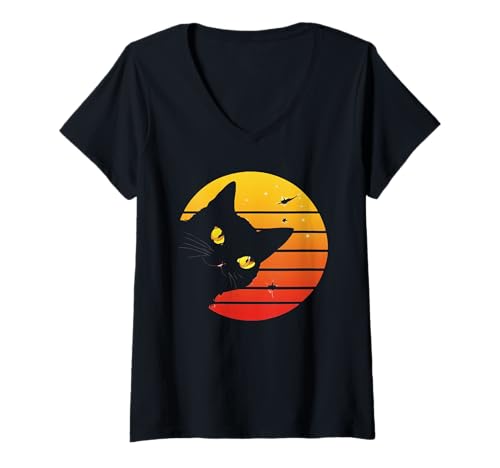Damen Katze Retro Stil Vintage Schwarz Kitty Katze T-Shirt mit V-Ausschnitt von Cool Cat Lovers, Distressed Cat