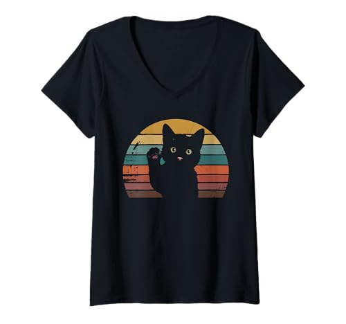 Damen Katze Retro Stil Vintage Schwarz Kitty Katze T-Shirt mit V-Ausschnitt von Cool Cat Lovers, Distressed Cat