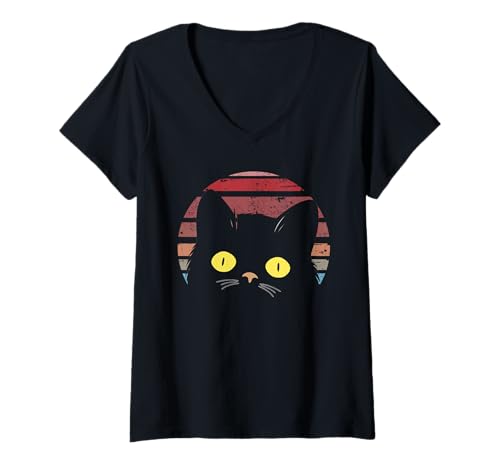 Damen Katze Retro Stil Vintage Schwarz Kitty Katze T-Shirt mit V-Ausschnitt von Cool Cat Lovers, Distressed Cat