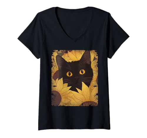 Damen Lustige schwarze Katze mit Sonnenblume T-Shirt mit V-Ausschnitt von Cool Cat Lovers, Distressed Cat