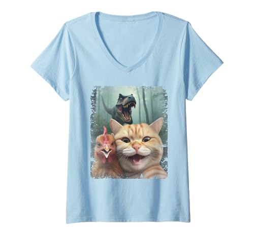 Damen Katzen-Selfie mit T-Rex-Dinosaurier T-Shirt mit V-Ausschnitt Damen Katzen-Selfie mit T-Rex-Dinosaurier T-Shirt mit V-Ausschnitt von Cool Cat Lovers, Funny Orange Tabby Cat
