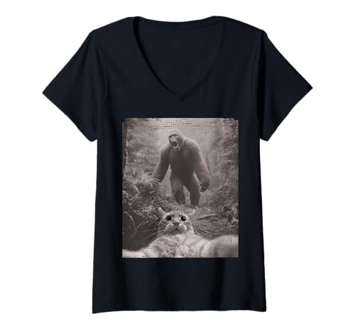 Damen Lustiges Bigfoot Sasquatch in Forest Cat Selfie Meme T-Shirt mit V-Ausschnitt Damen Lustiges Bigfoot Sasquatch in Forest Cat Selfie Meme T-Shirt mit V-Ausschnitt von Cool Cat Selfie and Bigfoot Sasquatch Merch