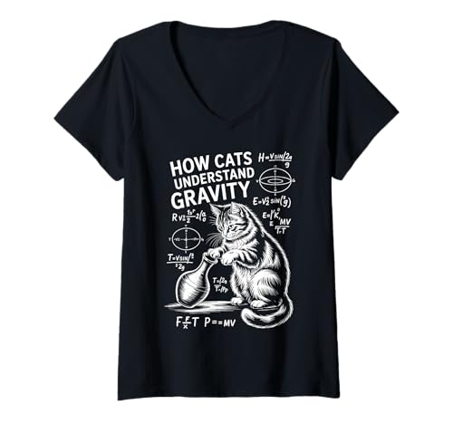 Damen Katzenphysik Wie Katzen die Schwerkraft verstehen Lustige Katze T-Shirt mit V-Ausschnitt von Cool Cats Thinking Fun Science Cat Designs