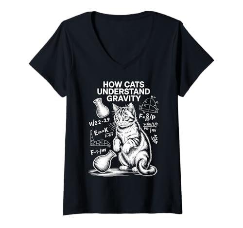 Damen Katzenphysik Wie Katzen die Schwerkraft verstehen Lustige Katze T-Shirt mit V-Ausschnitt von Cool Cats Thinking Funny Science Cat Design