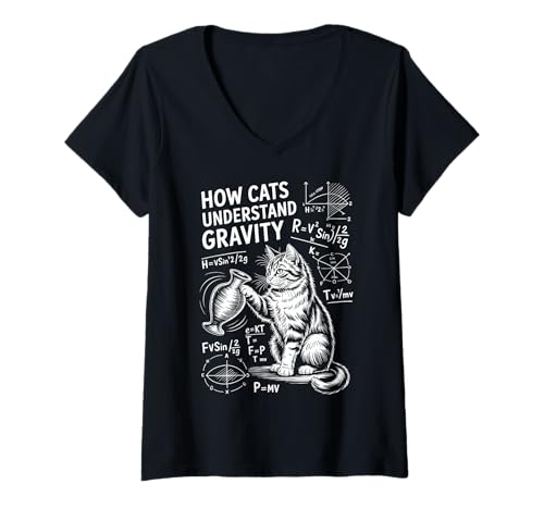 Damen Katzenphysik Wie Katzen die Schwerkraft verstehen Lustige Katze T-Shirt mit V-Ausschnitt Damen Katzenphysik Wie Katzen die Schwerkraft verstehen Lustige Katze T-Shirt mit V-Ausschnitt von Cool Cats Thinking Funny Science Cat Designs