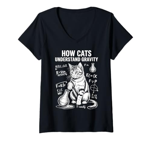 Damen Katzenphysik Wie Katzen die Schwerkraft verstehen Lustige Katze T-Shirt mit V-Ausschnitt Damen Katzenphysik Wie Katzen die Schwerkraft verstehen Lustige Katze T-Shirt mit V-Ausschnitt von Cool Cats Thinking Funny Science Cat Designs