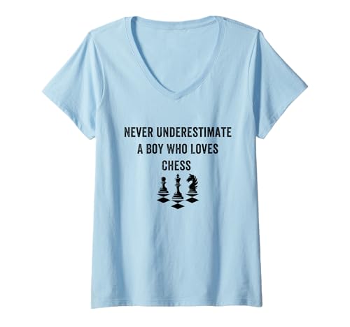 Damen Unterschätze Niemals den Jungen, der Schach liebt, lustige Schachspieler T-Shirt mit V-Ausschnitt von Cool Chess Boys Kids Player For Chess Lover Player