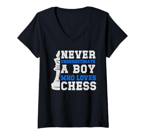 Damen Unterschätze Niemals den Jungen, der Schach liebt, lustige Schachspieler T-Shirt mit V-Ausschnitt von Cool Chess Boys Kids Player For Chess Lover Player