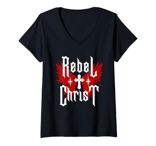 Damen Rebel for Christ Jesus Cross Gothic Y2K Streetwear Punk T-Shirt mit V-Ausschnitt von Cool Christian Religious Nu Goth Gothic Teen Men