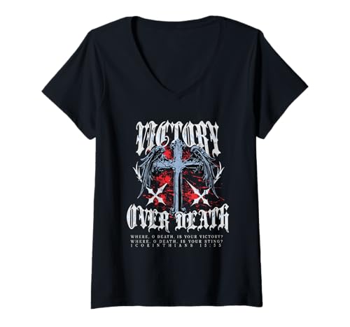 Damen Victory Over Death Cross Gothic Y2K Streetwear Bibelvers T-Shirt mit V-Ausschnitt Damen Victory Over Death Cross Gothic Y2K Streetwear Bibelvers T-Shirt mit V-Ausschnitt von Cool Christian Religious Punk Gothic Men Teenage