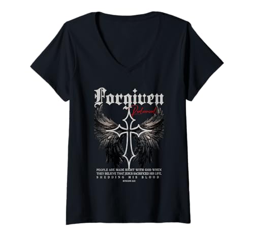 Damen Forgiven Cross Gothic Streetwear Nu Goth Faith Bibelvers T-Shirt mit V-Ausschnitt Damen Forgiven Cross Gothic Streetwear Nu Goth Faith Bibelvers T-Shirt mit V-Ausschnitt von Cool Christian Religious Punk Gothic Teen Men Y2K