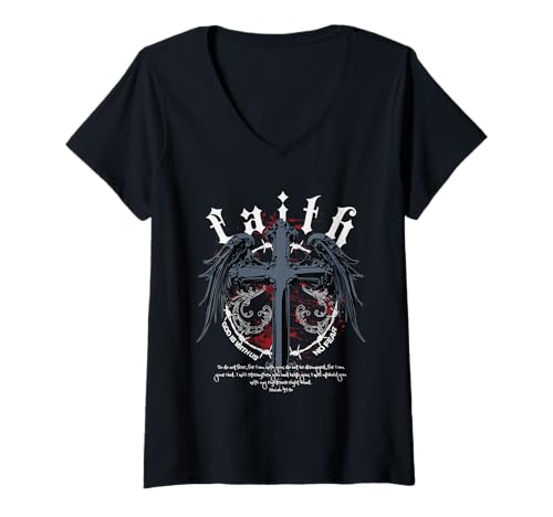 Damen Jesus Kreuz Gothic Y2K Streetwear Nu Goth Bibelvers T-Shirt mit V-Ausschnitt Damen Jesus Kreuz Gothic Y2K Streetwear Nu Goth Bibelvers T-Shirt mit V-Ausschnitt von Cool Christian Religious Punk Gothic Teen Men