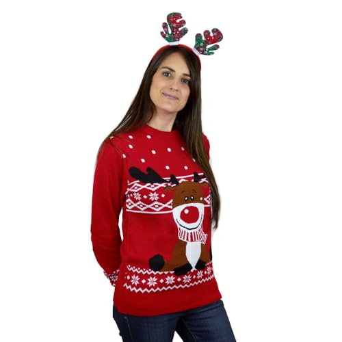 Cool Christmas Clothing Weihnachtspullover für Damen, Herren und Kinder in Rot Rentier Rudolph mit Halstuch von Jerseys Navideños