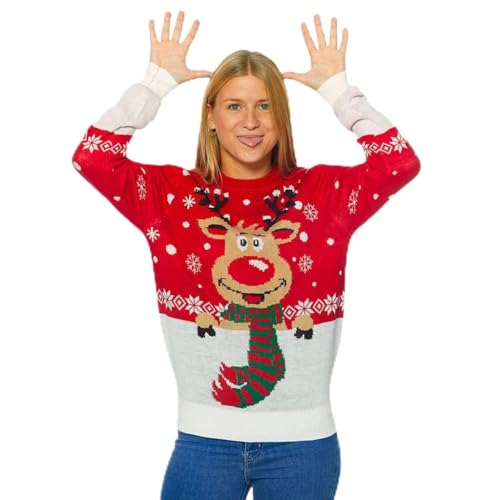 Cool Christmas Clothing Weihnachtspullover für Damen, Herren und Kinder in Rot mit Rentier mit Schal von Jerseys Navideños