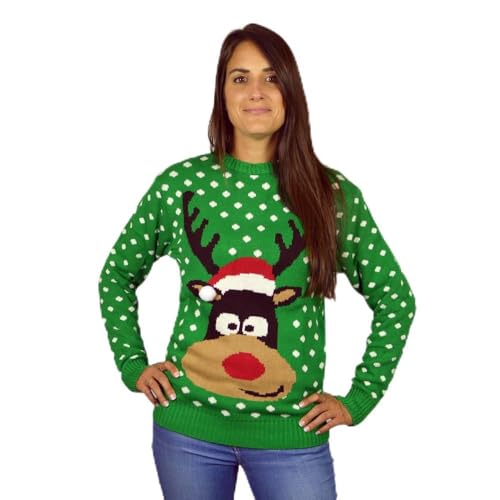 Cool Christmas Clothing Weihnachtspullover für Damen und Herren in Grün mit Weihnachtsmütze in 3D von Jerseys Navideños