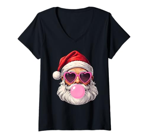 Damen Lustiger Weihnachtsmann mit Sonnenbrille und Kaugummi Weihnachten T-Shirt mit V-Ausschnitt Damen Lustiger Weihnachtsmann mit Sonnenbrille und Kaugummi Weihnachten T-Shirt mit V-Ausschnitt von Cool Christmas Santa Bubblegum Holiday Fun
