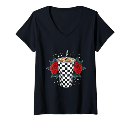 Damen Eiskaffeetasse Rosen Getränk Erfrischung T-Shirt mit V-Ausschnitt von Cool Coffee Floral Accent Cafe Beverage Summer
