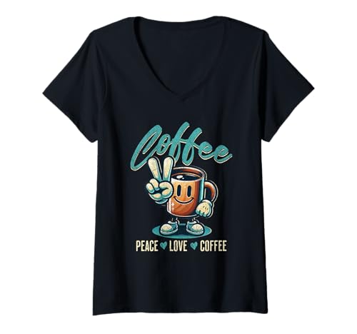 Damen Retro-Distressed Coffee Lover Friedenszeichen Peace Love Coffee T-Shirt mit V-Ausschnitt Damen Retro-Distressed Coffee Lover Friedenszeichen Peace Love Coffee T-Shirt mit V-Ausschnitt von Cool Coffee Themed Gifts
