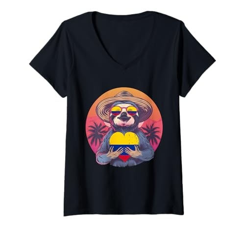 Damen Kolumbien Faultier Sonnenuntergang Herz Kolumbianische Flagge Kolumbian Pride T-Shirt mit V-Ausschnitt Damen Kolumbien Faultier Sonnenuntergang Herz Kolumbianische Flagge Kolumbian Pride T-Shirt mit V-Ausschnitt von Cool Colombian Roots Colombia