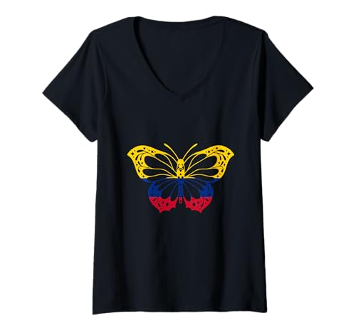 Damen Kolumbien Flagge Kolumbian Pride Schmetterling Kolumbianische Wurzeln T-Shirt mit V-Ausschnitt von Cool Colombian Roots Colombia