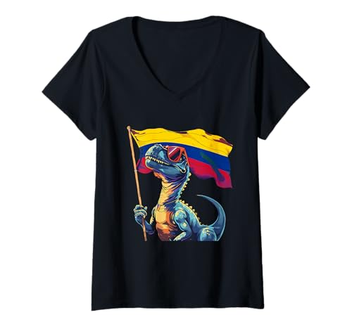 Damen Kolumbien Flagge T-Rex Dino Kolumbianische Wurzeln Kolumbian Pride T-Shirt mit V-Ausschnitt von Cool Colombian Roots Colombia