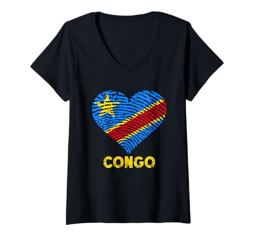 Damen Republik Kongo Herz DR Kongo Flagge K T-Shirt mit V-Ausschnitt von Cool Congolese Roots Congo